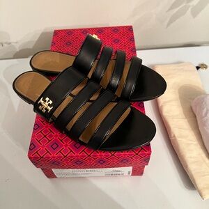 Black Tory Burch Kira Multi Band Sandals Strappy Leather Size 8.5 55265